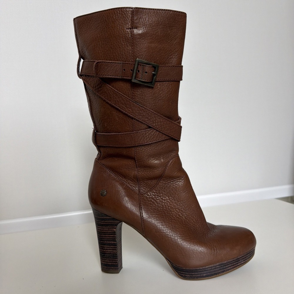UGG Jardin Chestnut Brown Leather Zip Crisscross Boots Heels Womens Size 8.5